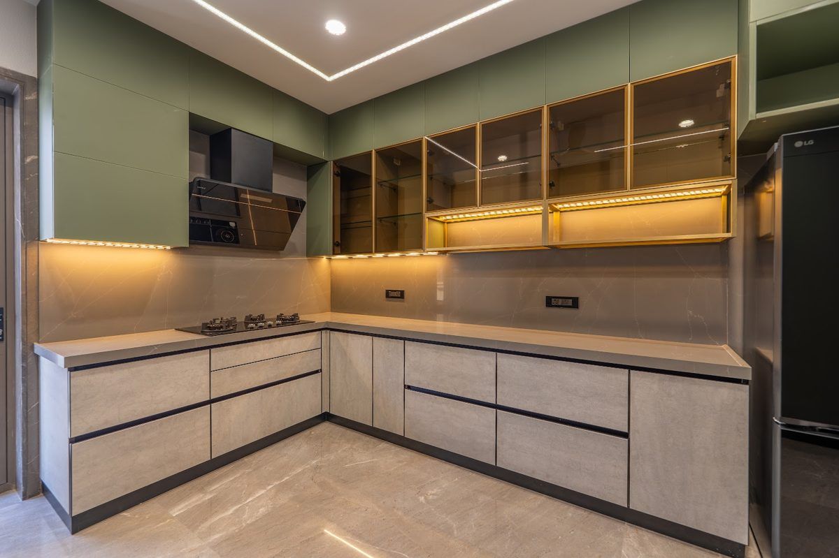 Sage and brass kitchen by Shutters & Timber